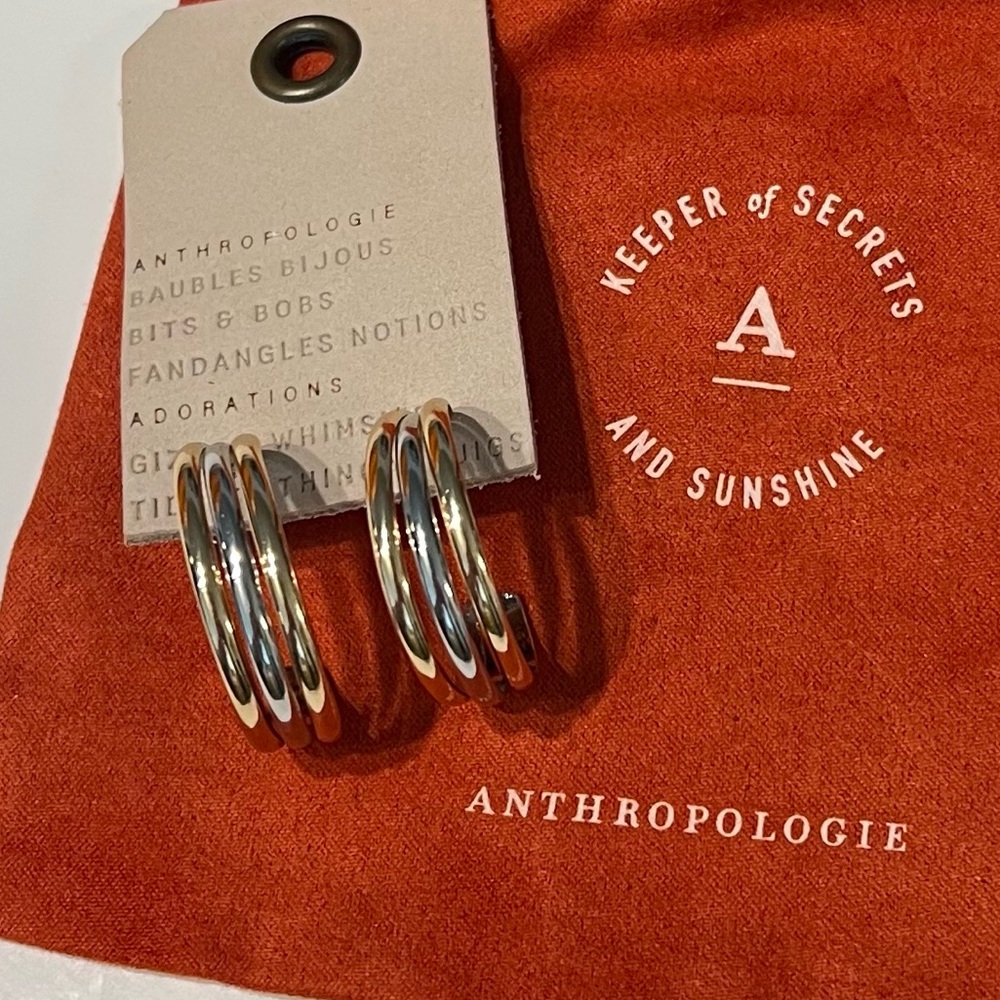 Anthropologie Mixed Metal Triple Hoop Earrings Silver & Gold Post Backs Hoops